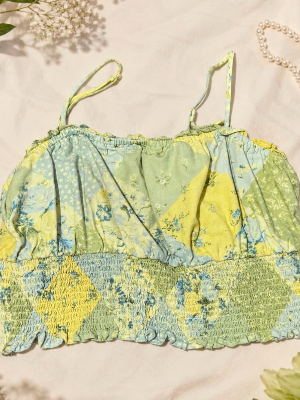 American Eagle Outfitters Pastel Green & Yellow Floral Smocked Cami